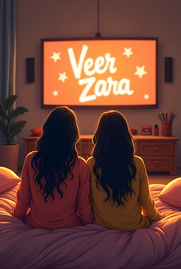 Doodle in
which two sister watching bollywood movie in room comfortably must write movies Veer Zara on screen
Show as scene drawn from back
