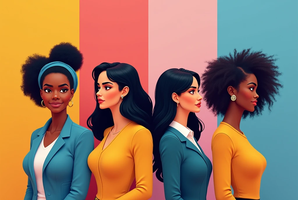Create a realistic and clean image celebrating the strength and positivity of women. Include four diverse women in different roles: one managing work tasks, one caring for a child, one performing an office job, and one handling additional responsibilities. Each woman should be depicted clearly in her respective role, exuding confidence, resilience, and compassion. The background should be vibrant and uplifting, showcasing their emotional intelligence, adaptability, and problem-solving skills. Ensure the image highlights their individual contributions and strengths."