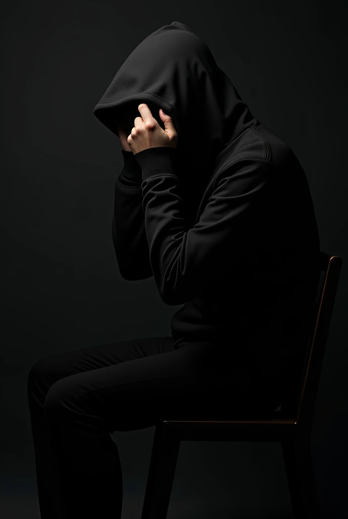 A profile picture of a dark modern hooded man in a chair with a dark aura and face shrouded in darkness facing the camera, leaning over with hand over face with a black background