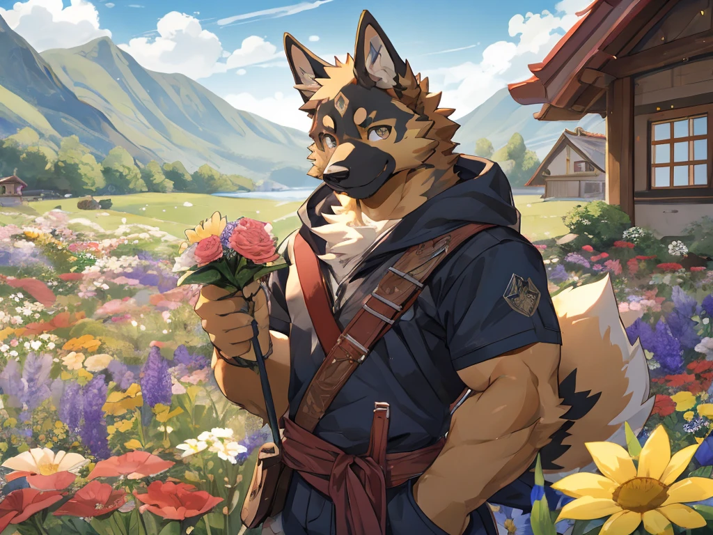 German Shepherd (:1.3)muscle,Smile,Flowers in hand,Frontal front,masterpiece, high quality, Absurd, number \(artwork\), From dagasi, ,(Fluffy fur:1.1),(bright:0.8),bright eyes,panoramic,character focus.Detailed background,