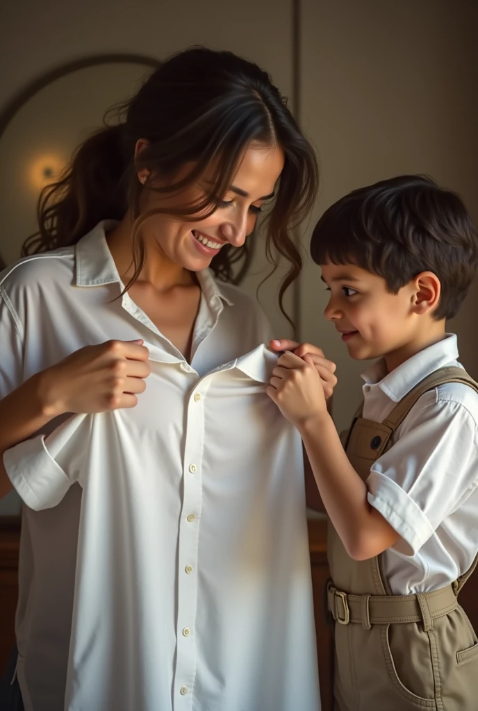 Mother helping his  boy to wear white shirt 