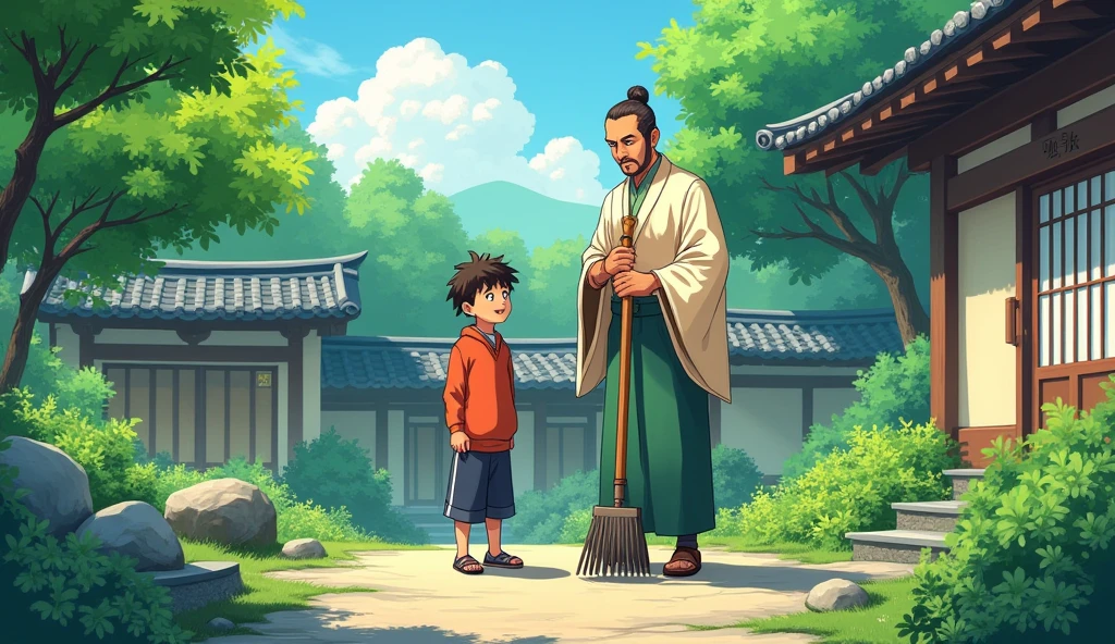 Hiro adult boy and Master Koji stand together in the garden. Master Koji, with a kind expression, holds a rake. The garden is vibrant, with neatly arranged stones and plants.