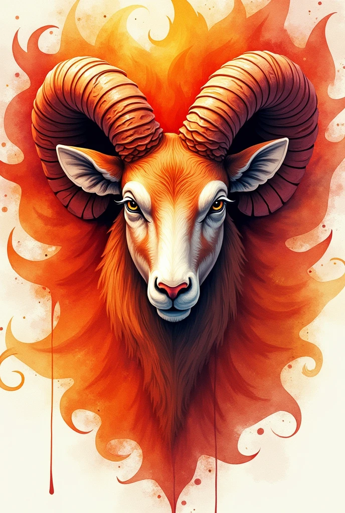 "Create a watercolor illustration of the Aries zodiac face, with bold brushstrokes and vibrant colors, set against a fire background