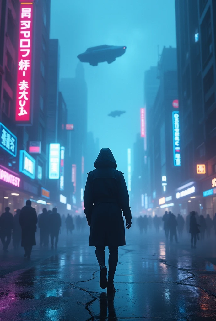 A person in a trench coat walking in a dark futuristic cyberpunk-style city with blue and violet neon lights, Holograms on the premises, Chove forte, low visibility, thick fog and flying cars