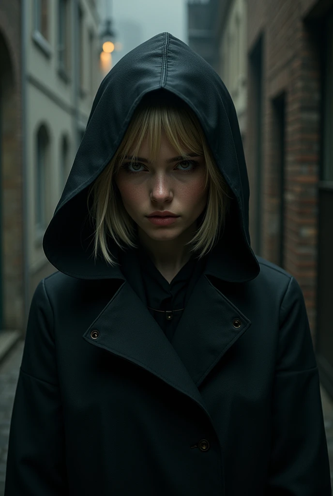 Nightingale the Robber woman in closed clothes with dark blond hair and brown eyes