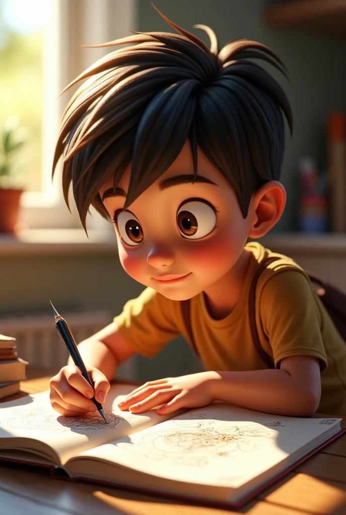 Generate a image of a cute and handsome boy doing some great drawings in our Drawing notebook and soft sunlight on his face and Drawing notebook