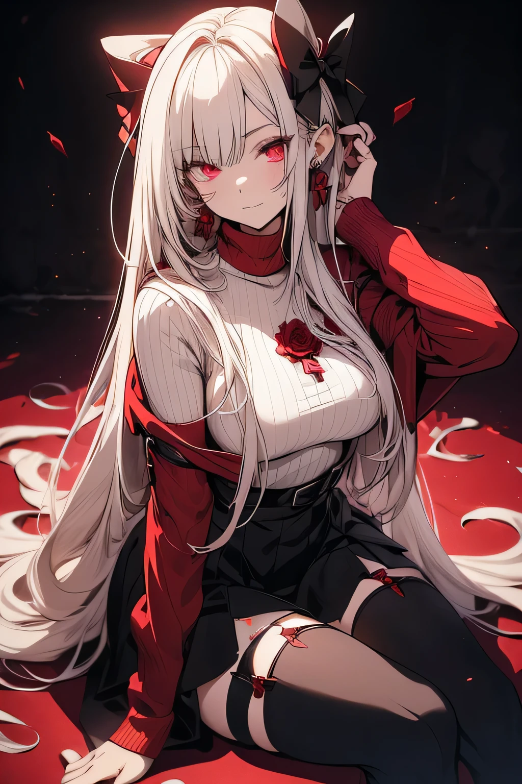 Beautiful anime woman with long white hair and blood red eyes. Wearing a wine red turtleneck sweater tucked into a high waist short black skirt, and dark stockings with high heels. A rose and some red ribbons decorate her hair, tying some of it back. Sitting down and posing for the camera.