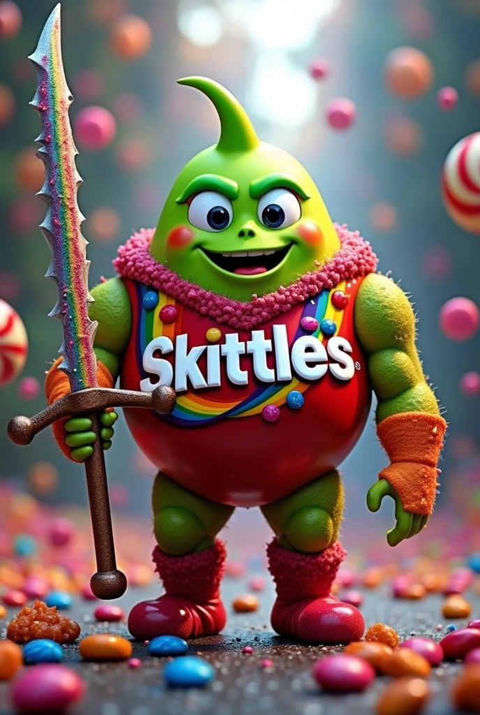 Crée un guerrier skittles fais de bonbon skittles dans un monde colorée