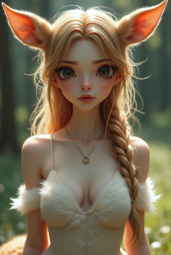 one girl, deer ears, , pure, cute , topless, a Woman deer mix, human Body, big try and skin, deer nose but the Rest of the face ist human, (((whiskers))) big eyes, deer fur, deer eyes, hybride 60 %deer and 40 % human, face mostly woman, deee Hair , braid, fur instead of skin at Body Arms and shoulders and neck, tits are humauman Body, the mice nose is hairy , nipples, deer fur black Iris, hole eyes are black Just Like a deer,