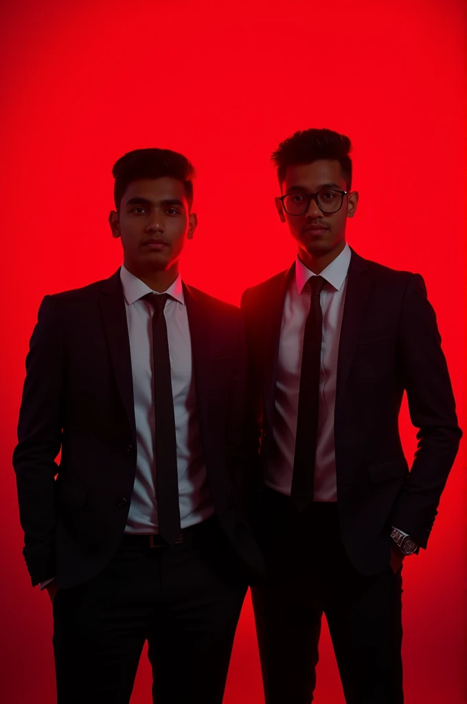 2 nepali boy wearing formal and glasses posing for linkdin red light in background singal boy