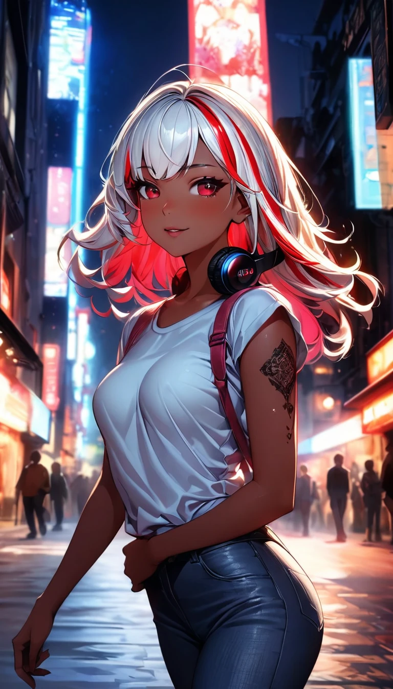(highest quality:1.2, Very detailed, up to date, Vibrant, Ultra-high resolution, High Contrast, masterpiece:1.2, highest quality, Best aesthetics), Portraiture、girl、singer, solo, ((25-years-old:1)), Bright colors, Beautiful fine details、Beautiful lip detail、medium wave hair、red and white ((streaked hair:1.6)), highlights hair: 1.5, red eyes, slim body, medium breast, (tan skin:1.1), (Floral Fineline tattoo design on left arm:1), Walking down the busy street at night, sparkling city lights, wearing headphone, daypack on left shoulder, t-shirt, jeans short, long boots, full body,