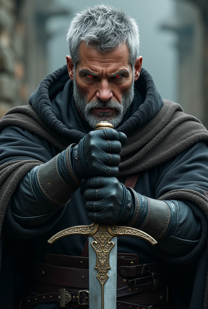 Short grey hair、Red Eyes、A fearless face、Black clothing with leather hood、Wearing gloves、Holding a medieval sword、One caucasican male Swordsman、combat style