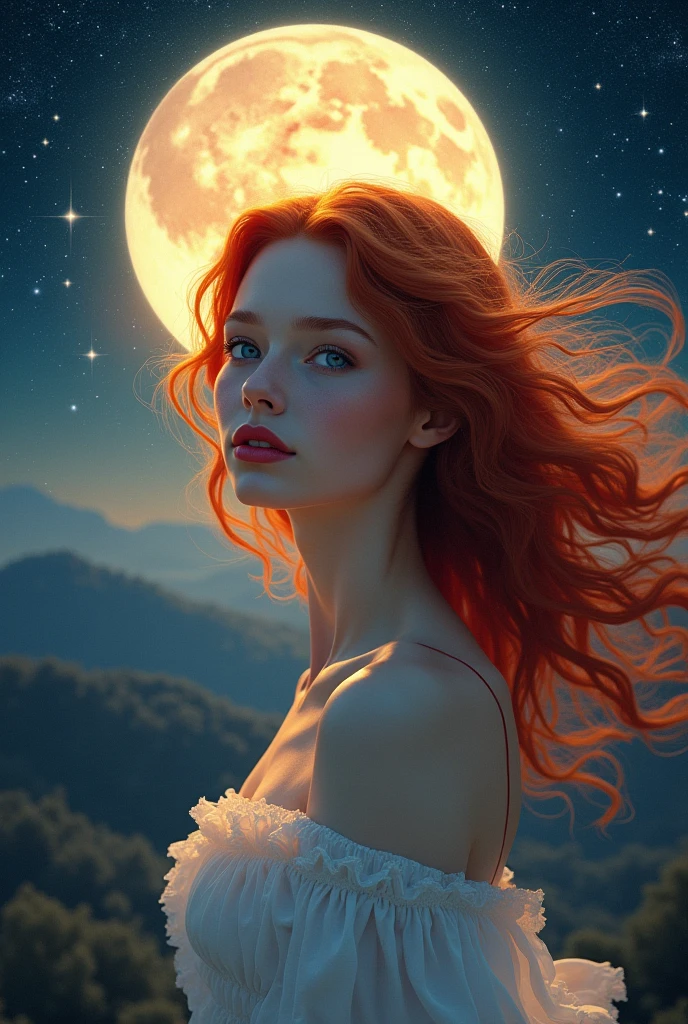 Masterpiece, Amazing redhead goddess, Starry night, detailed huge moon, moonlight filtering, Lights and shadows, Precise contrast, intense blue eyes, heavenly, clean skin, white skin, red lips, Radiosity, iridescent, Intricate, digital art, masterful illustration by courbet