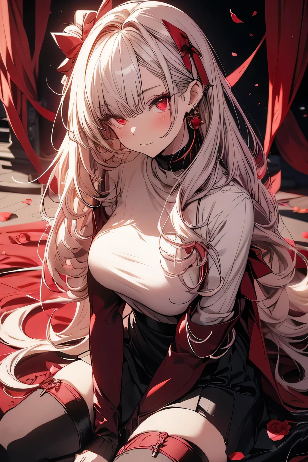 Beautiful anime woman with long white hair and blood red eyes. Wearing a wine red turtleneck sweater tucked into a high waist short black skirt, and dark stockings with high heels. A rose and some red ribbons decorate her hair, tying some of it back. Sitting down and posing for the camera. Rose petals fall around her.