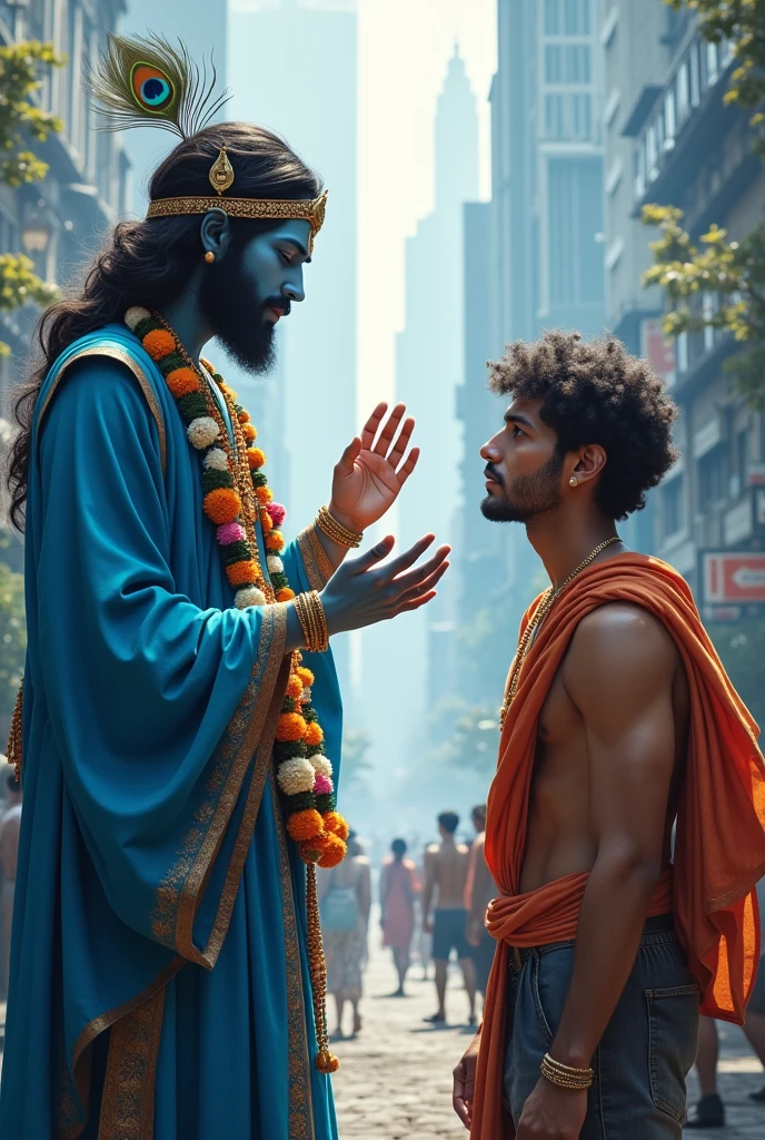 Lord Krishna teaching philosophy to a young man in this modern world