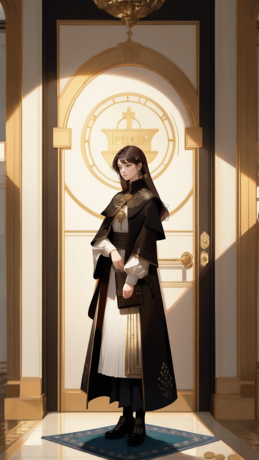 Create an illustration of a beautiful girl standing before a grand, secure vault door adorned with a prominent Bitcoin symbol. The floor is covered with scattered coins, and more coins are falling from above, creating a sense of wealth. The man holds a large golden coin in his hand, ready to unlock the vault. The background should be a rich brown, enhancing the theme of wealth and security. Include the text 'Rug-Pull-Proof Carpet' subtly integrated into the scene, ensuring it aligns with the overall theme of trust and protection.