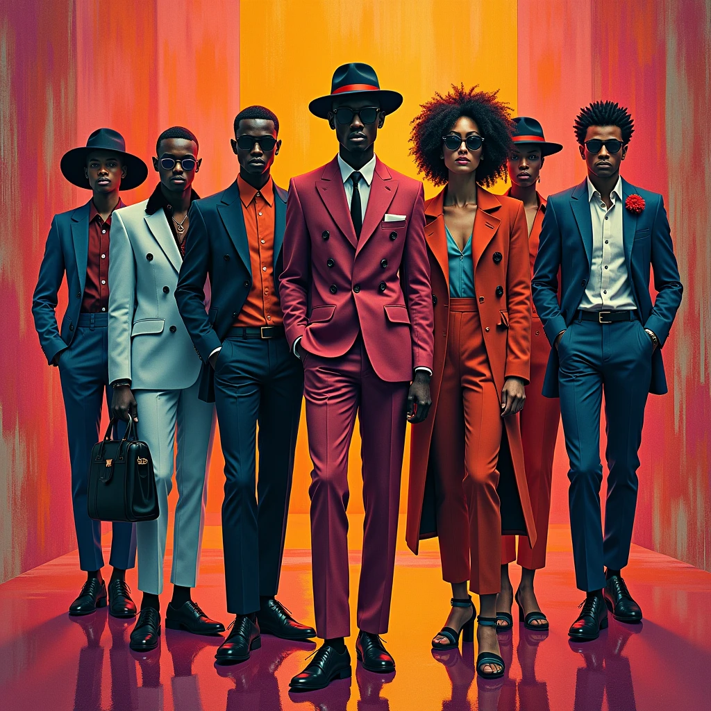 A vibrant, cinematic illustration of fashionable figures created by the talented duo of Mark Demsteader and Jeremy Mann. The piece features a diverse group of stylish individuals, each dressed in bold, eye-catching outfits that stand out against a rich, textured background. The overall composition exudes a sense of glamour, sophistication, and contemporary artistry., fashion, cinematic, illustration, vibrant