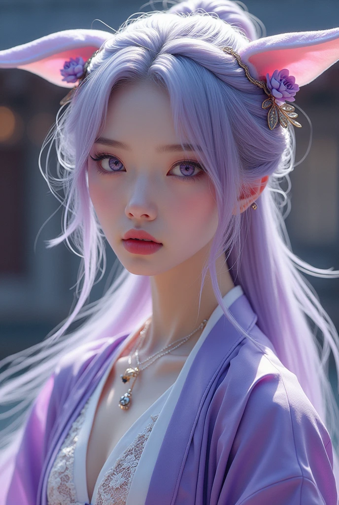 1 beautiful girl in Han costume, thin purple silk shirt with white color with many textures, white lace top, long platinum purple ponytail, Hair Jewelry, ear jewelry, light purple rabbit ears, necklace and necklace, meticulously drawn large purple eyes, meticulous makeup, Thin eyebrows, High Nose, lovely red lips, not smiling, pursed lips, rosy cheeks, wide breasts, Big breasts , well-proportioned bust, Slim waist, purple mesh socks, chinese hanfu style, fictitious art textures, vivid and realistic colors, RAW Photos, Realistic Photos, ultra high quality 8k surreal photos, (effective fantasy light effect: 1.8), 10x pixel, magical effect (Background): 1.8), ultradetailed eyes, girl body portrait, ancient hanfu background,