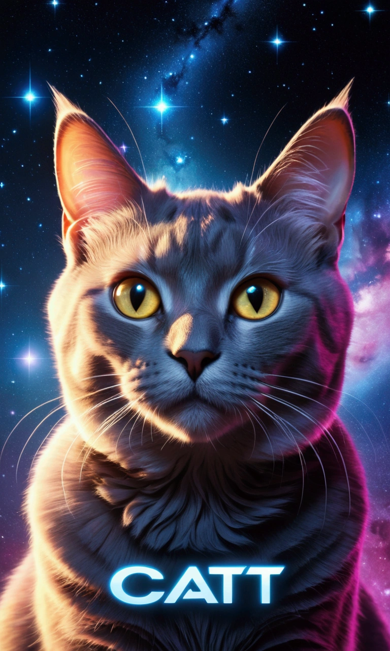 a close-up portrait of a cat, beautiful glowing stars and galaxies in the background, cosmic cat, giant "!?" written in large letters on the screen, highly detailed, hyper-realistic, 8k, photorealistic, ultra-detailed, masterpiece, cinematic lighting, vibrant colors, dramatic composition, ethereal, mystical, surreal