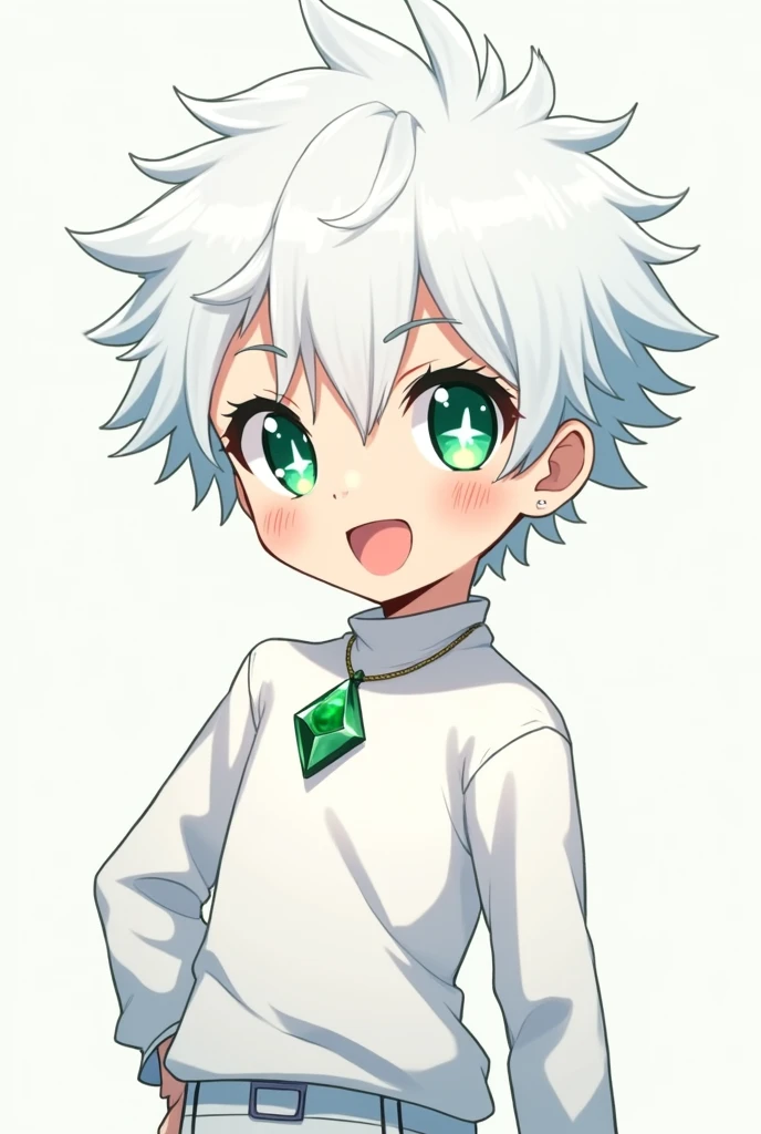 Generates an anime style image of a boy with: for white, green eyes, White pupils in the shape of an 8-pointed star, have a big smile, with completely white hair, with white eyelashes, White clothes, and black gloves, que tenga green eyes, white star-shaped pupils and a green crystal necklace