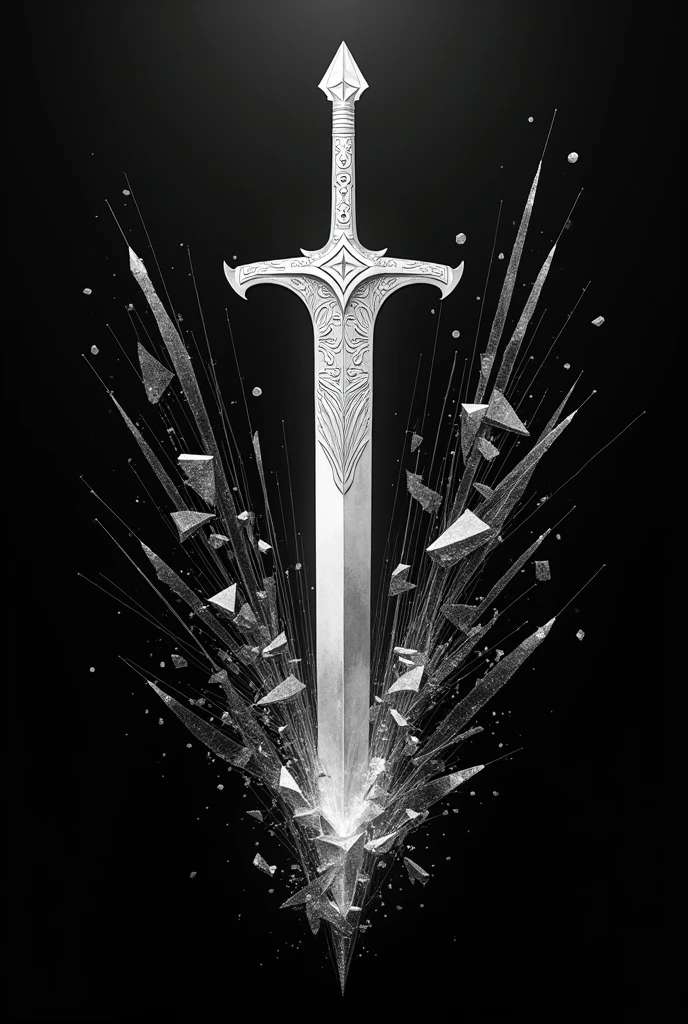 Imagine a sleek, vertically positioned sword at the center of the emblem, with intricate patterns etched along its blade. Surrounding the sword are fragments of shattered glass or crystal, alternating between black and white, creating a striking contrast. The shards, varying in size, radiate outward, symbolizing broken barriers and shattered illusions. Thin lines of energy weave through the shards, connecting them to the sword, representing the power that binds Aria’s journey. The overall design is modern, fragmented, and sharp, with a monochromatic palette that adds depth and complexity, making it an eye-catching and powerful emblem