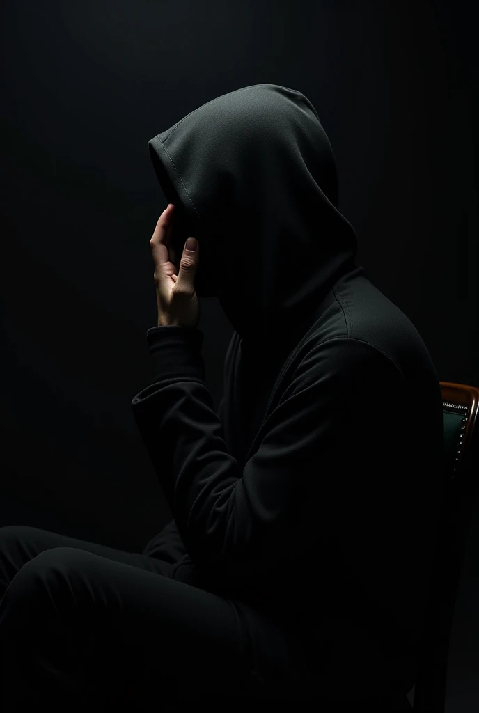 A profile picture of a dark modern hooded man in a chair with a dark aura and face shrouded in darkness facing the camera, leaning over with hand over face with a black background 