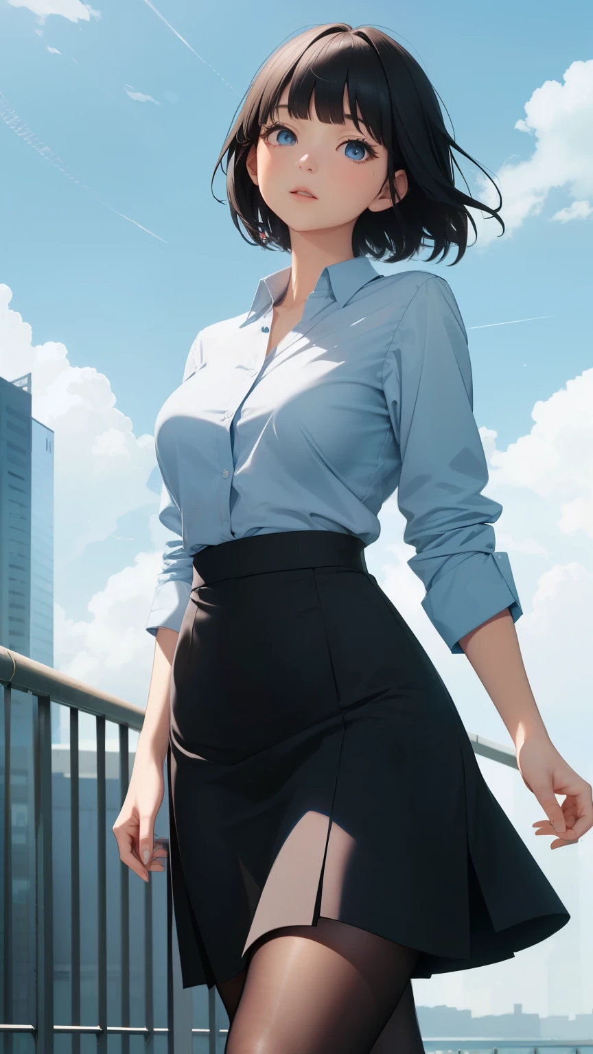 Highest quality, flying debris、Beautiful woman、office lady、Black Hair、(Dark blue eyes、Blunt bangs)、short hair、new employee,whole bodyショット、Female office lady、break(Light blue collarless shirt、black pencil long skirt:1.2)、(black tights、High heels)、break(Outdoor、Summer sky、Looking up at the sky:1.3)、(((whole body)))、Big Breasts