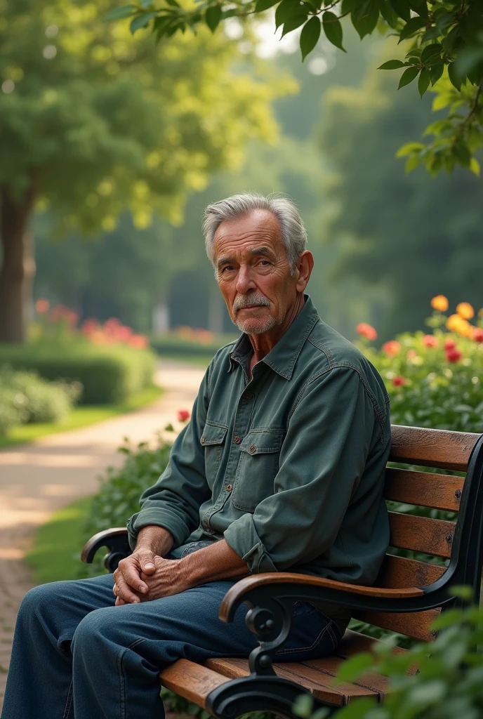 A men sitting on a bench in a garden and took a realistic image looking to camera
