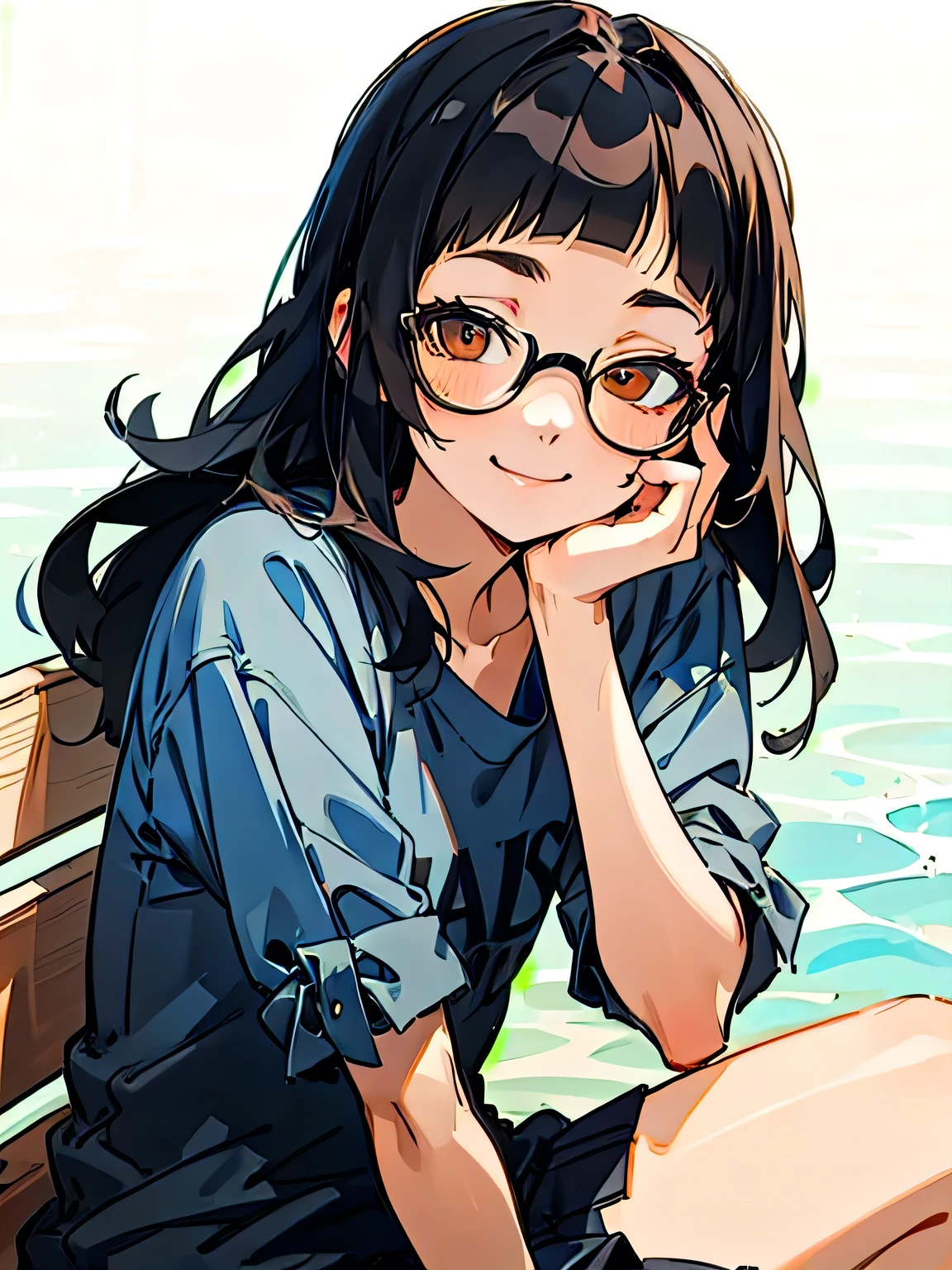  European portraits,alone, Sitting on a bench, Red glasses, Short bangs, (smile:1.2), 20-year-old,Beautiful Face,Upper Body, Long Hair, ((Black Hair:1.3)), Casual summer attire, sunny day, Cowboy Shot,