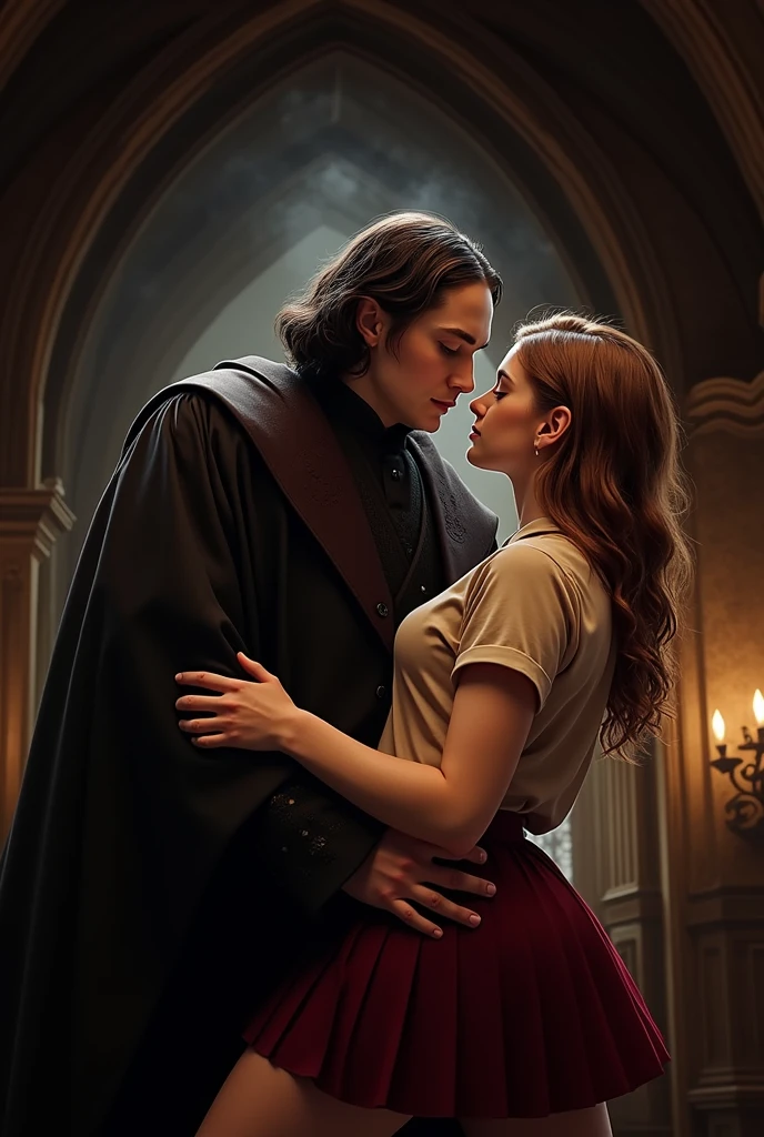 provocative Hogwarts clothes, face identical to Emma Watson, Emma Watson's abdomen uncovered and showing, young Hermione Granger, Hermione sensual pose, small Hermione, lovers, Emma Watson  teenager, realistic, textured skin and clothes, kissing Severus Snape, difference in size and age,