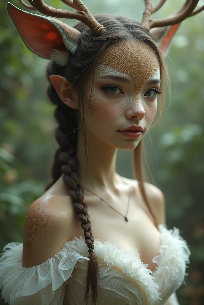 one girl, deer ears, , pure, cute naked, topless, a Woman deer mix, human Body, big tits, furry and skin, deer nose but the Rest of the face ist human, (((whiskers))) big eyes, deer fur, deer eyes, hybride 60 %deer and 40 % human, face mostly woman, deee Hair , braid, fur instead of skin at Body Arms and shoulders and neck, tits are human, the mice nose is hairy , nipples, deer fur , full black Iris, hole eyes are black Just Like a deer, slender