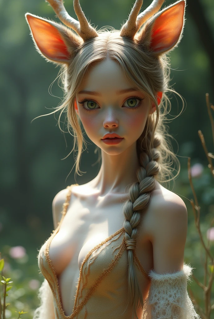 one girl, fawn ears, , pure, cute naked, topless, a Woman fawn mix, human Body, big tits, furry and skin, fawn nose but the Rest of the face ist human, (((whiskers))) big eyes, fawn fur, deer eyes, hybride 40 %fawn and 60 % human, face mostly woman, fawn Hair , braid, fur instead of skin at Body Arms and shoulders and neck, tits are human, the mice nose is hairy , nipples, deer fur , full black Iris, hole eyes are black Just Like a fawn, slender, Bambi eyes, No clothes