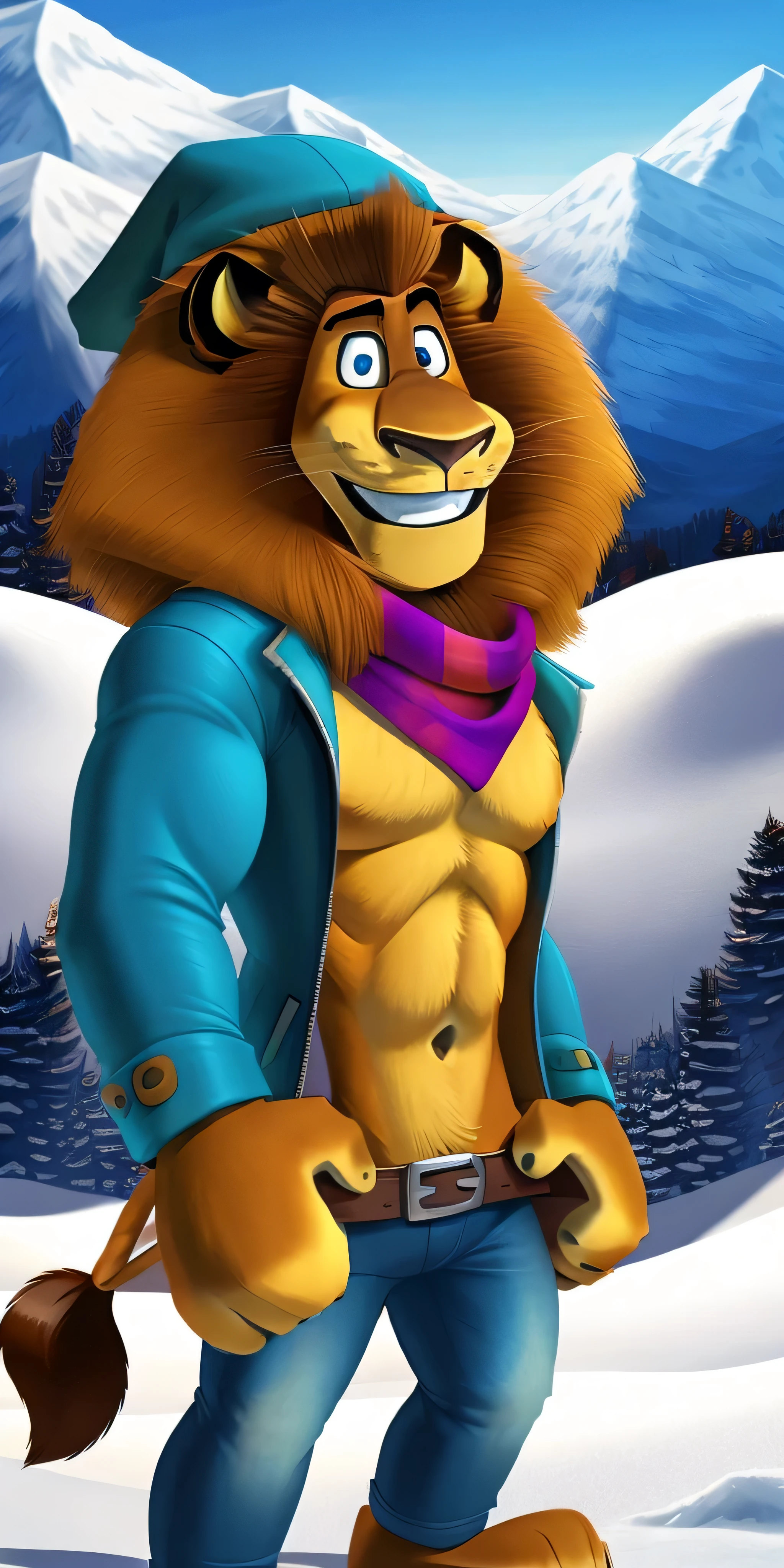 Alex the Lion, muscular body, big biceps, extremely beautiful and cute face, wears jacket, a winter cap, cyan scarf, blue pants, black boots, ski resort background, standing on ski, cute smile, selfie