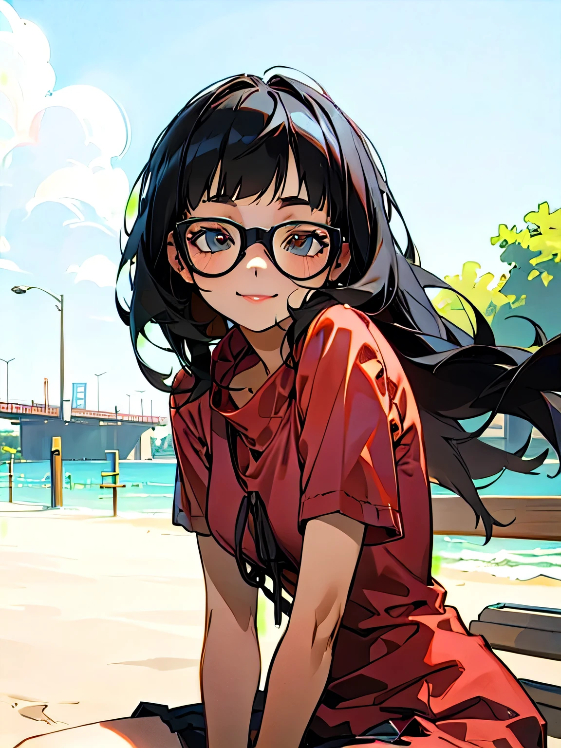 European portraits,alone, Sitting on a bench, Red glasses, Short bangs, (smile:1.2), 20-year-old,Beautiful Face,Upper Body, Long Hair, ((Black Hair:1.3)), Casual summer attire, sunny day, Cowboy Shot,