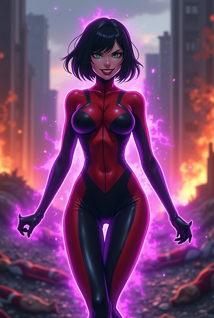 An anime style action pose of a Beautiful evil supervillain woman with short black hair in a bob, green eyes filled with confidence, and red lips, a sadistic grin across her face. She is wearing a high tech suit of skintight red and black power armor and radiating purple energy. Destroying, Evil wins, burning city, lots of bodies litter the ground.