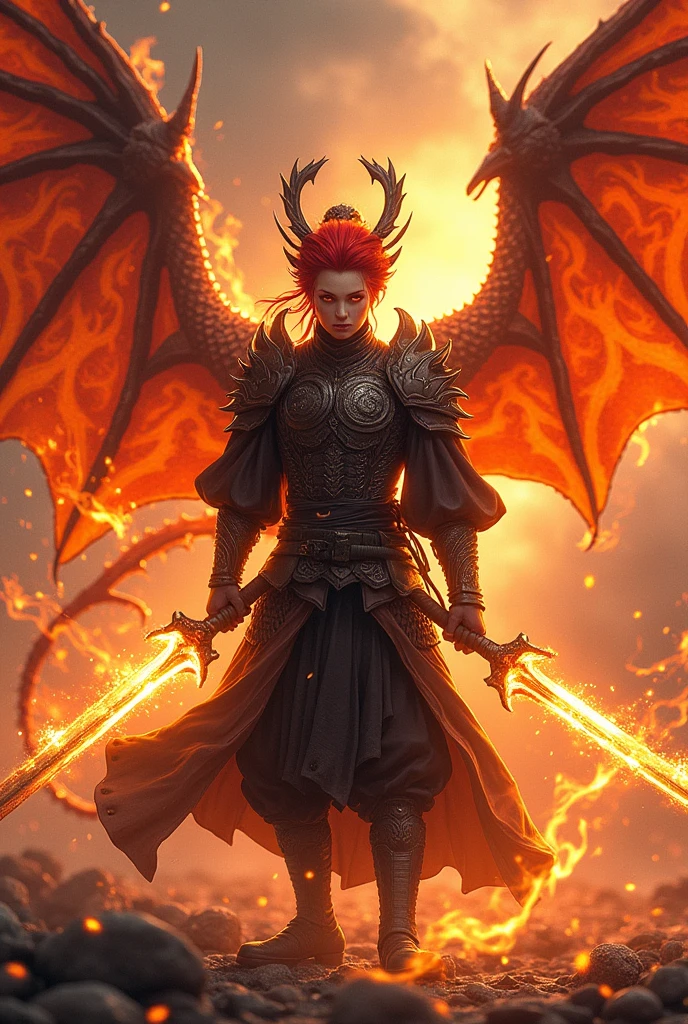 Short red haired warrior with red eyes and black samurai armor with fire swords and powerful wings made of fire and a dragon created with fire around him 