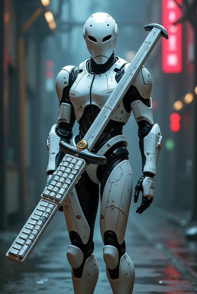 Man wear cyberpunk robocop armor suit white. Long mechanize Sword from classic white keyboard. Keyboard pad design as sword. 