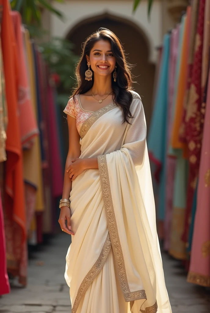 Indian women ready marriage look for aa textile shop advertising.in off-white saree like lahanga in with smaily face in her full image