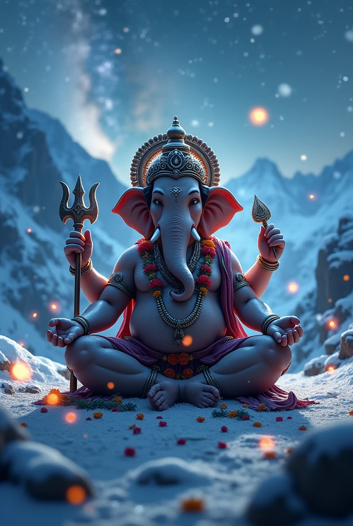  cinematic animated character art, Silhouette of indian elephant headed Lord ganesh meditating in Himalayas, strong arms, multiple hands, flower garlands, holding a trident, strong snow Blizzard, snowfall, night sky, glowing fireflies, milkiway galaxy in background, darkness in atmosphere, colour graded, vibrant, 4khd, realism 