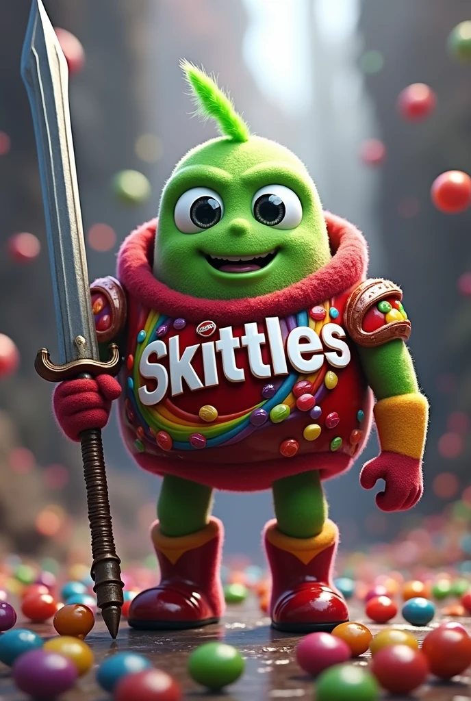 Create a Skittles warrior made of Skittles candy with colorful armor in a colorful world