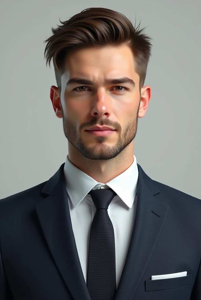 (photorealism:1.2), man in his 20s, very short Brown hair, medium stubble, caucasian, wearing a suit