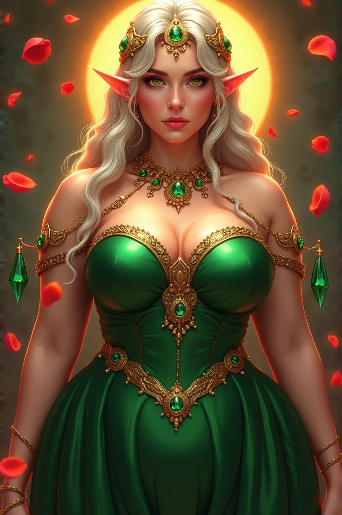 Aurum is an imposing and exuberant female elf figure., with a generous, curvy silhouette, extremely large ,gigantic breastsooks like anime characters and exudes sensuality.. She is dressed as a queen in a green dress, Adorned with golden jewels and precious stones that shine brightly. Your gaze is penetrating and full of intensity., Transmitting power and authority.. Aurum is surrounded by rose petals that accentuate its aura of beauty and sensuality.... Your mouth is well marked and seductive., and your whole body radiates an irresistible sensuality.