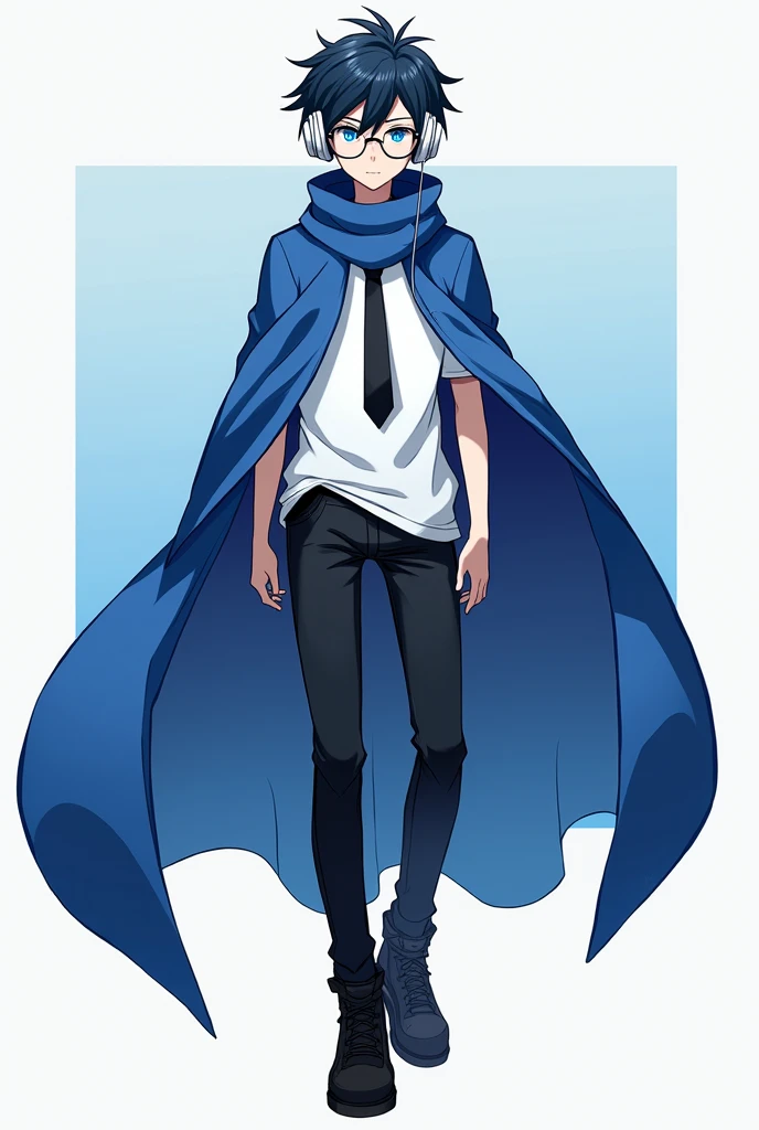 100 feet,white tshirt,black small mini coat wearing,big white headphone,blue eyes,anime,black shoes,black pants,circle round glass,age 23,blue colour maflar,in back a blue cloak,black tie,boy