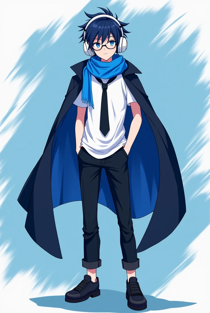 100 feet,white tshirt,black small mini coat wearing,big white headphone,blue eyes,anime,black shoes,black pants,circle round glass,age 23,blue colour maflar,in back a blue cloak,black tie,boy
