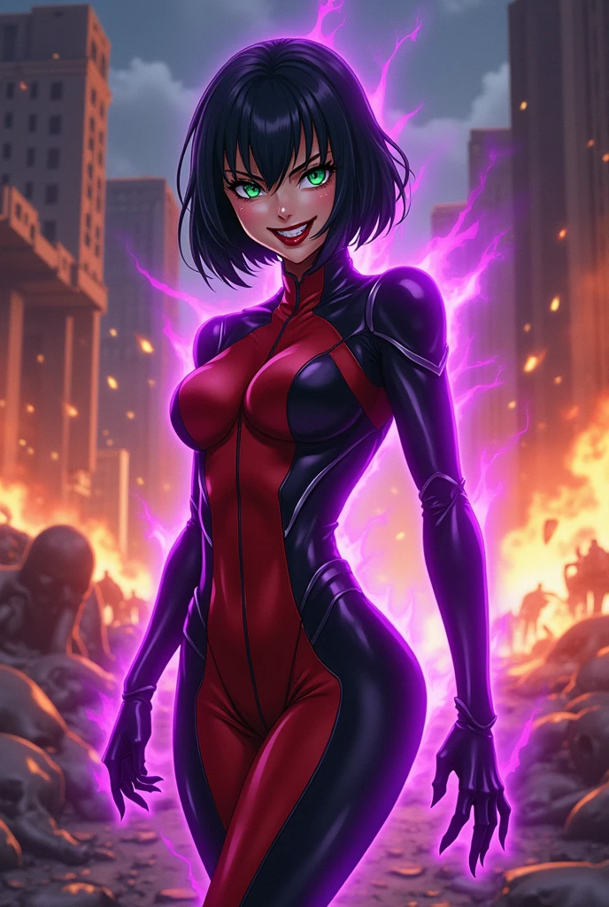 An anime style action pose of a Beautiful evil supervillain woman with short black hair in a bob, green eyes filled with confidence, and red lips, a sadistic grin across her face. She is wearing a high tech suit of skintight red and black power armor and radiating purple energy. Destroying, Evil wins, burning city, lots of bodies litter the ground.