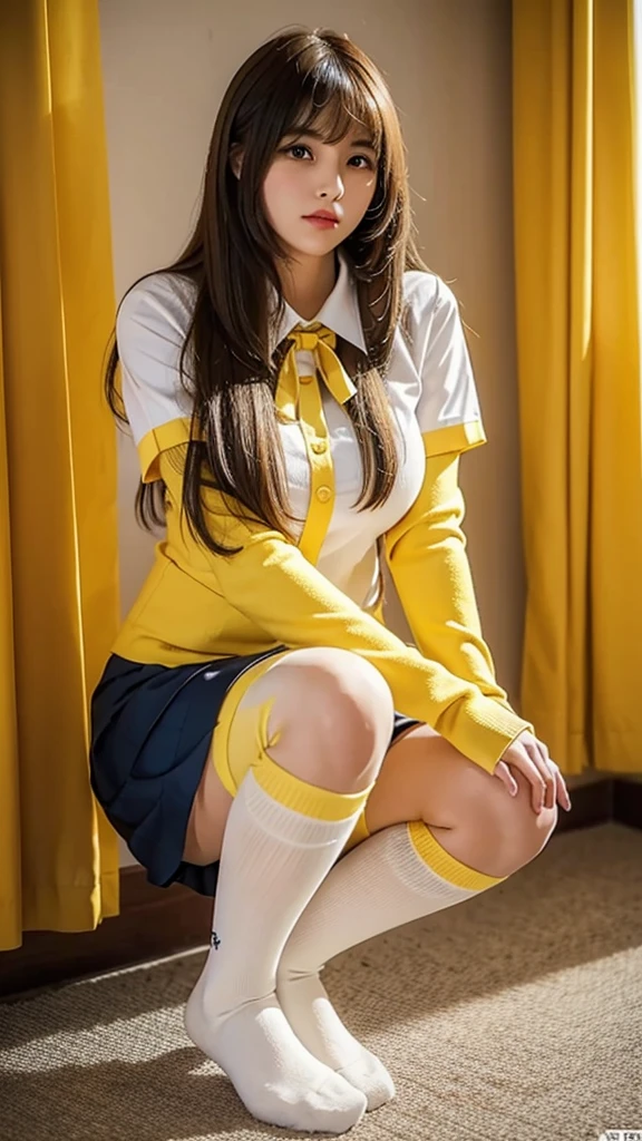 Yellow waitres uniform,long hair with bangs,huge breasts,knee long socks,short uniform,