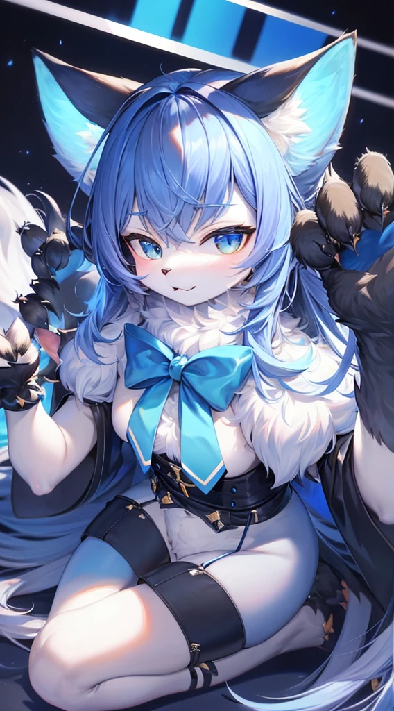 masterpiece,high quality,1 giri,(furry),cat ears,fur blue,(claw pose),frontal face,ミドルショット