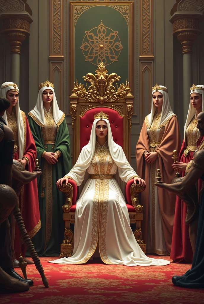 Make picture of muslim throne picture where queen is setting and king is standing behind her and right have three more Queens left side have a king who is kidnapped by rebellion