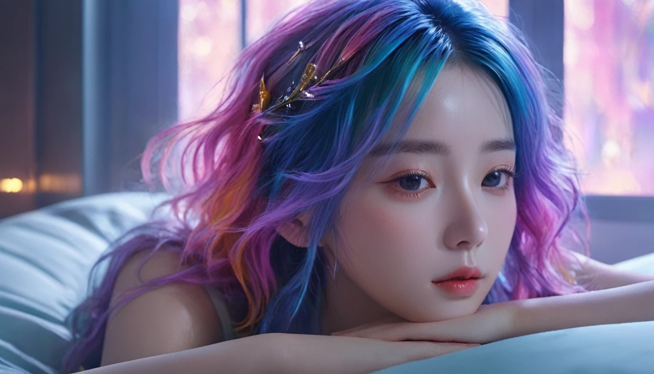 (Highest quality,8k,Very detailed:1.2),(CG,CG Art,3D Rendering),(masterpiece:1.2),(Cinema Lighting,Futuristic),(Woman lying in bed,Sleep,close your eyes),(The big window behind her,quiet night),(Colorful Hair:1.5)