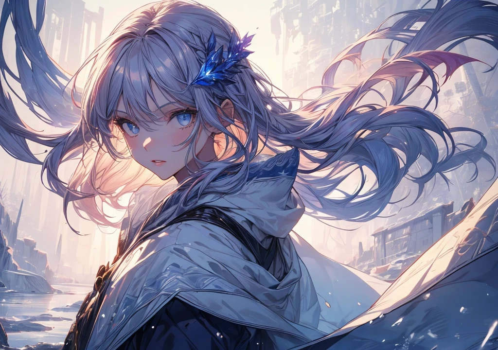 1girl, beautiful detailed eyes, beautiful detailed lips, extremely detailed eyes and face, long eyelashes, elegant female mage in winter attire, crouching pose, (1.3), detailed magic circle, beautiful frozen lake, flowing hair in the wind, winter fantasy atmosphere, natural lighting, dispersed light, high quality shadows, projected shadows on face and surroundings, out of focus gaze, (glowing skin, textured skin, highly detailed face, delicate expression, extremely detailed violet gradient eyes with vivid irises, highlighted eyes, shiny light purple hair, long straight hair, braided bangs, very detailed white and blue metallic hair accessory:1.2), (extremely detailed modest mage's loose robe, extremely detailed frozen lake background:1.4), sunset, soft lighting, (gentle color palette of white, blue, yellow and pink, rich colors:1.2), sharp lines, meticulous details, highly detailed background, backlighting, cowboy shot, wide angle, high angle, rule of thirds